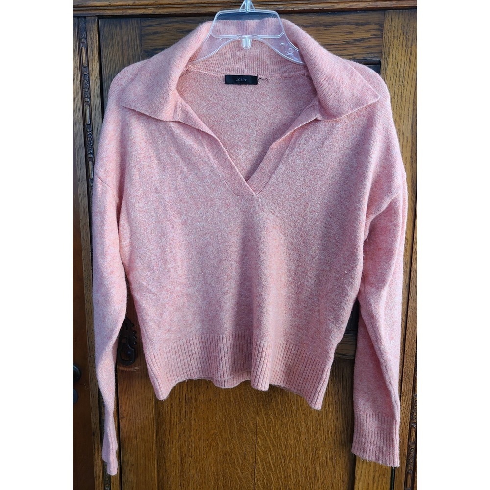 J. Crew Womens Collared V-Neck Sweater in Supersoft Yarn Wool Blend Peachy Pink